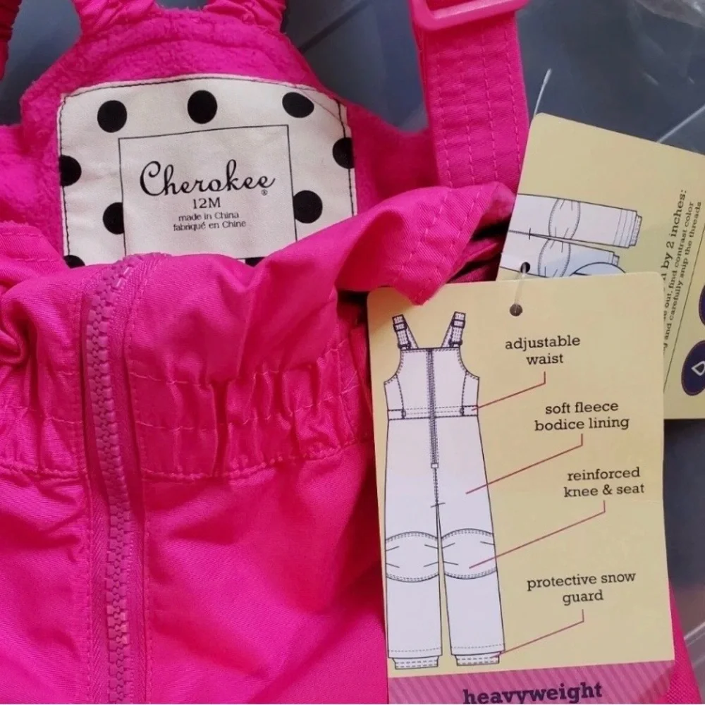 NWT Cherokee Kids Heavyweight Snow Bibs - Bright Pink - 12M
